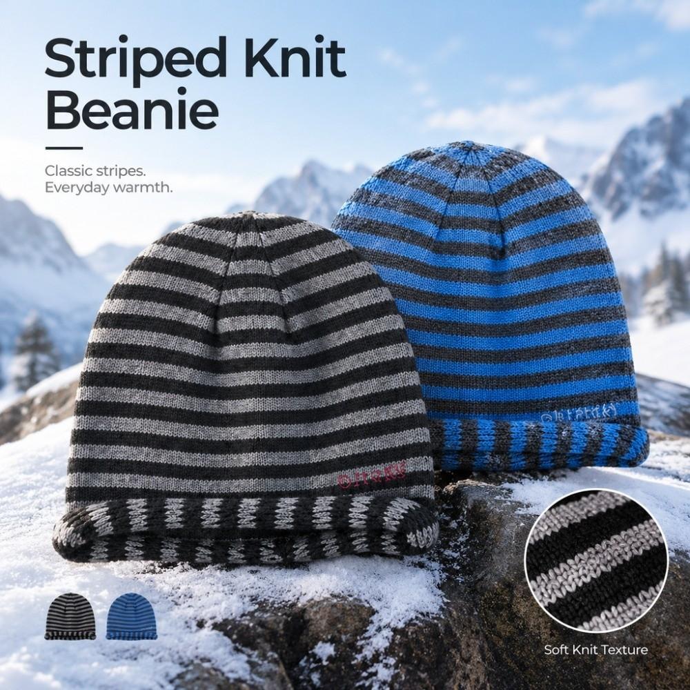 Soft Warm Striped Knit Beanie Cold Proof Slouchy Knitted Hat Autumn Winter Skullcap Men Women