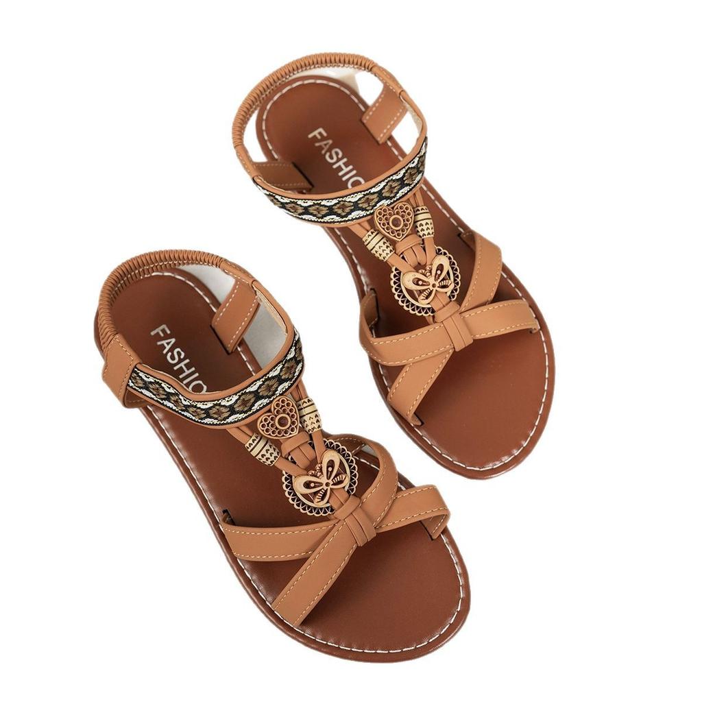 Fashion Summer Bohemian Style Women's Flat Sandals Plus Size String Beaded Decor Casual Sandals Woman Comfortable Non Slip Beach Shoes