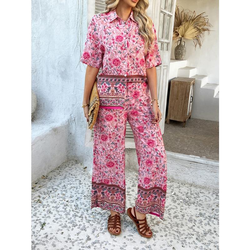 Women's Summer Print Contrasting Color Bohemian Vacation Short-sleeved Long Trousers Set