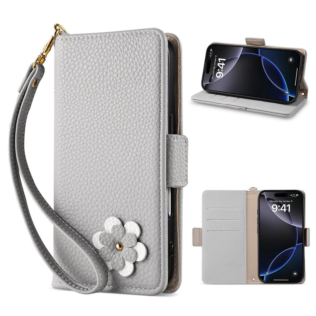 Carina custodia a portafoglio in pelle con coniglio e fiore 3D, supporto per telefono, per iPhone 17 Air 16 15 PM 14 13 12 11 Pro Max XR XS SE 16e 6 7 8 Plus, slot per schede, cover a libro