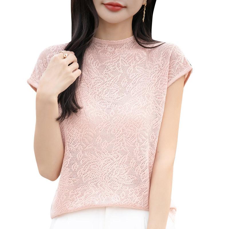 Summer Lightweight Knitted Base Short-sleeved Women's High-neck Lace Crochet Openwork Solid-color Loose Sleeve T-shirt