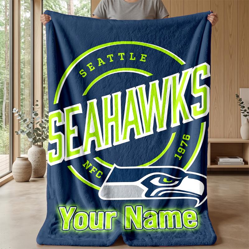Seattle Seahawks Custom Flannel Throw Blanket Print Your Name Text Soft Warm Blanket Holiday Present
