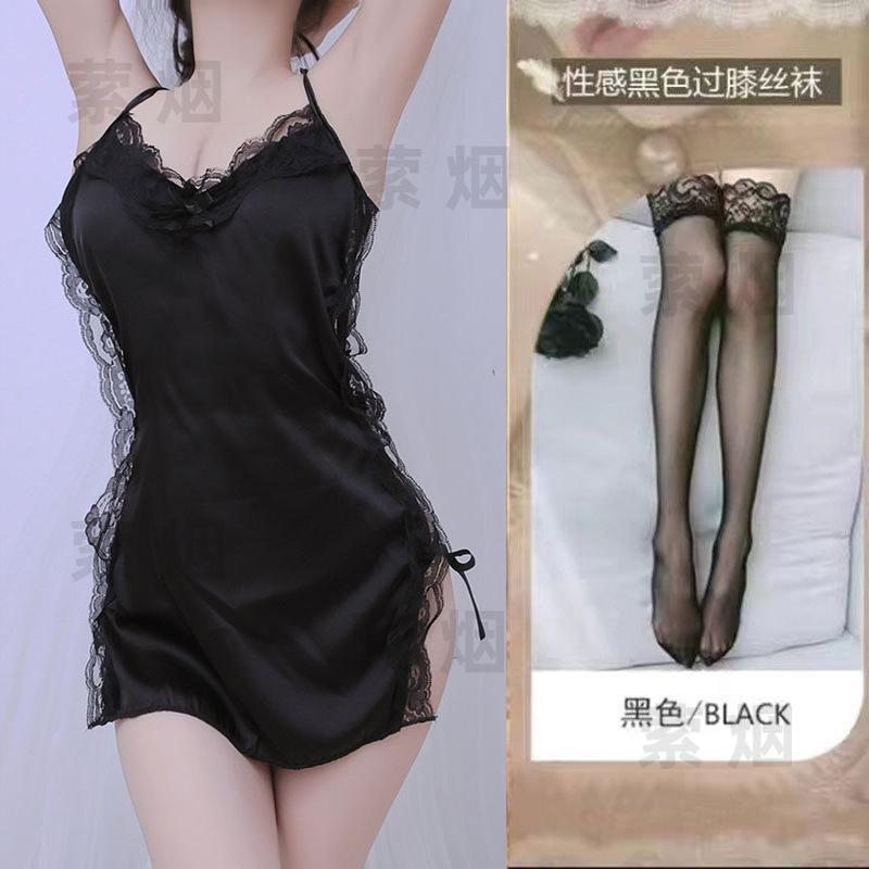 Sex underwear bed sexy temptation suspender skirt side strap satin hollow small chest nightdress