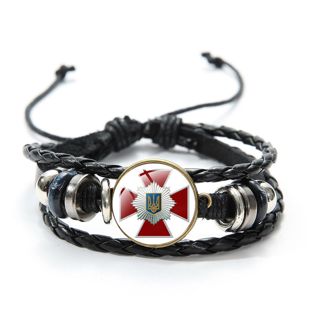 Ukrainian Flag Glass Charm Bracelet Blue Yellow Trident Graphic Vintage Handmade Woven Leather Beaded Bracelet