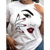 European Size Women'S T-Shirt with Hand-Painted Half Face Design, Basic Round Neck Top, Fashionable for Spring, Autumn, And Summer, Short Sleeves