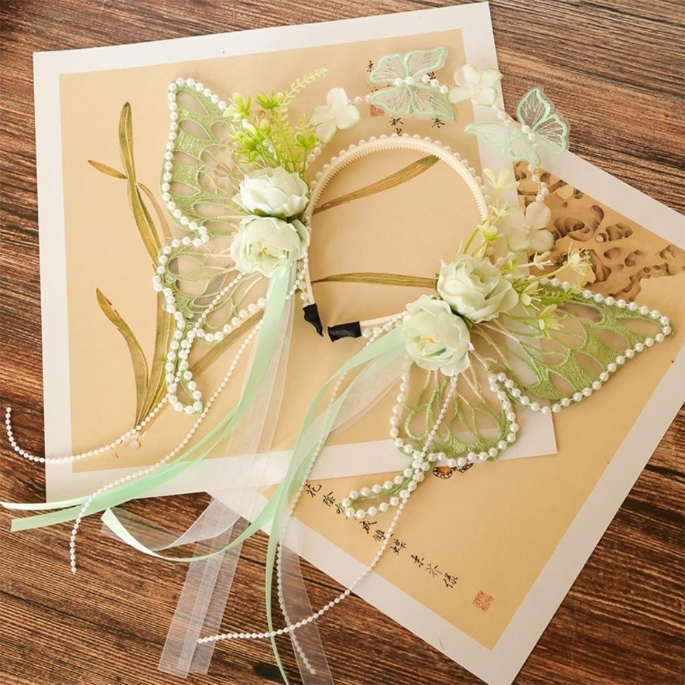 Silk Ribbon Butterfly Flowers Hairband Pearl Beads Decorative Headwear Floral Headwear  Women Wear