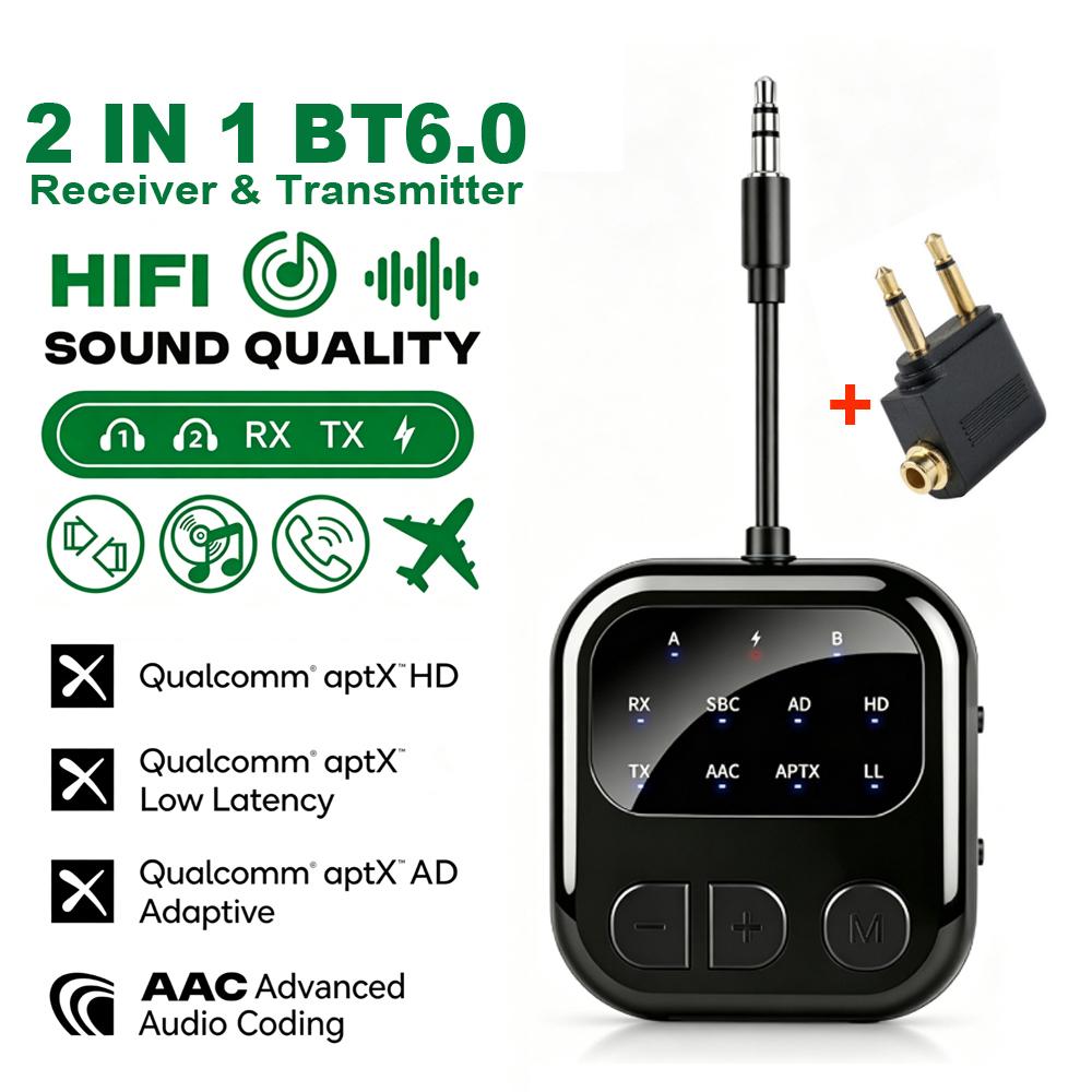 3.5mm AUX LCD Car Bluetooth 6.0 Audio Receiver & Transmitter Adapter 2 in 1,aptX-Adaptive/HD/LL AAC Low Latency HIFI Wireless Audio Adapter for PC TV