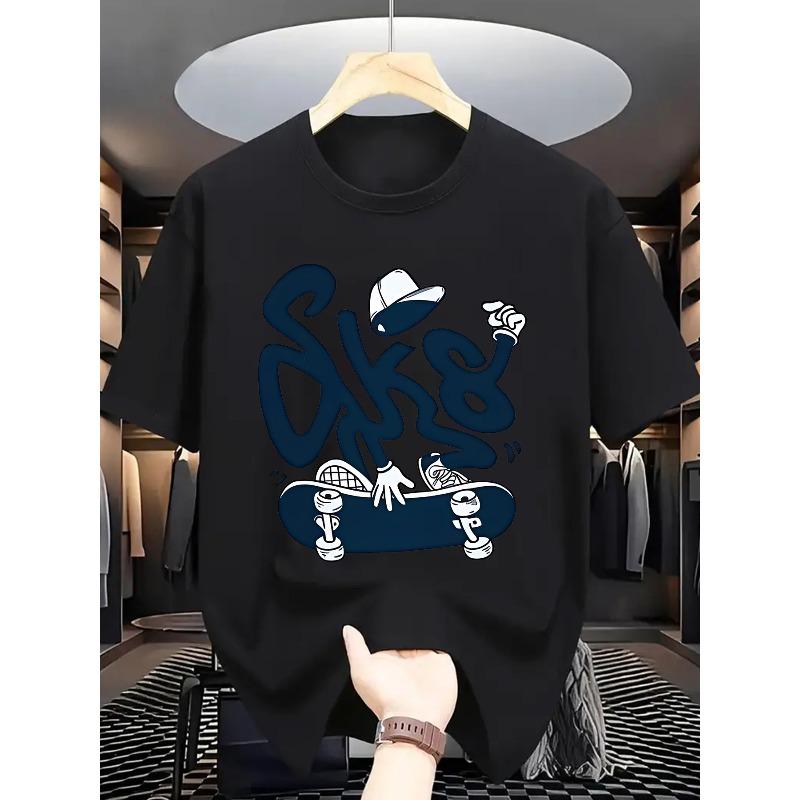 

European sizes Short-sleeved T-shirt with Skateboard Print, Featuring a Cool Street Style and Skateboarding Scene 4XL чорний