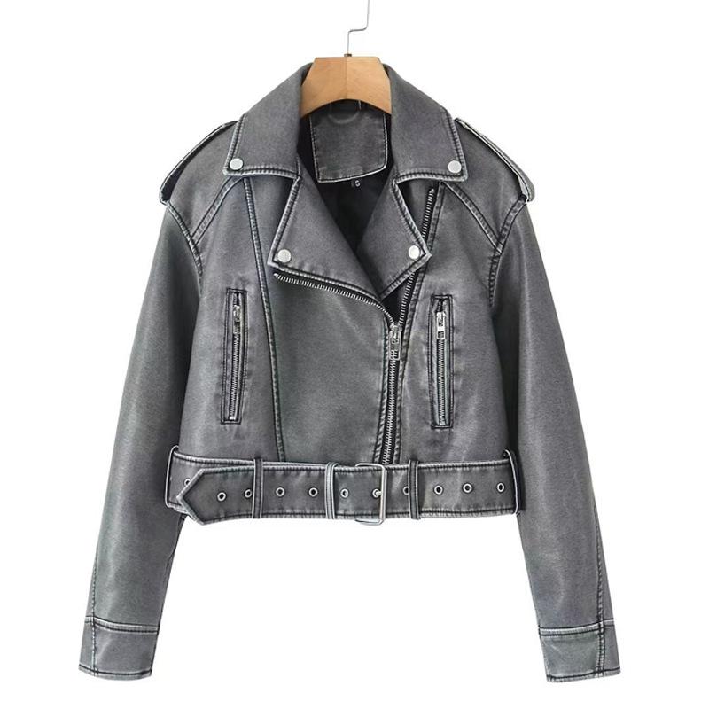Giacca da Donna Bicolore Distressed in Ecopelle PU con Revers, Taglio Ampio, Stile Europeo e Americano, 2025