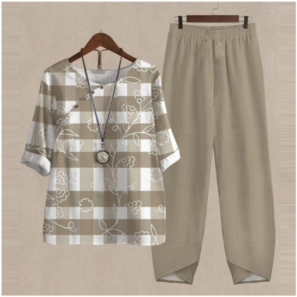 Women's Casual Two-Piece Floral Print Outfit Five-Point Sleeve Tops and Elastic Waist Pants Set