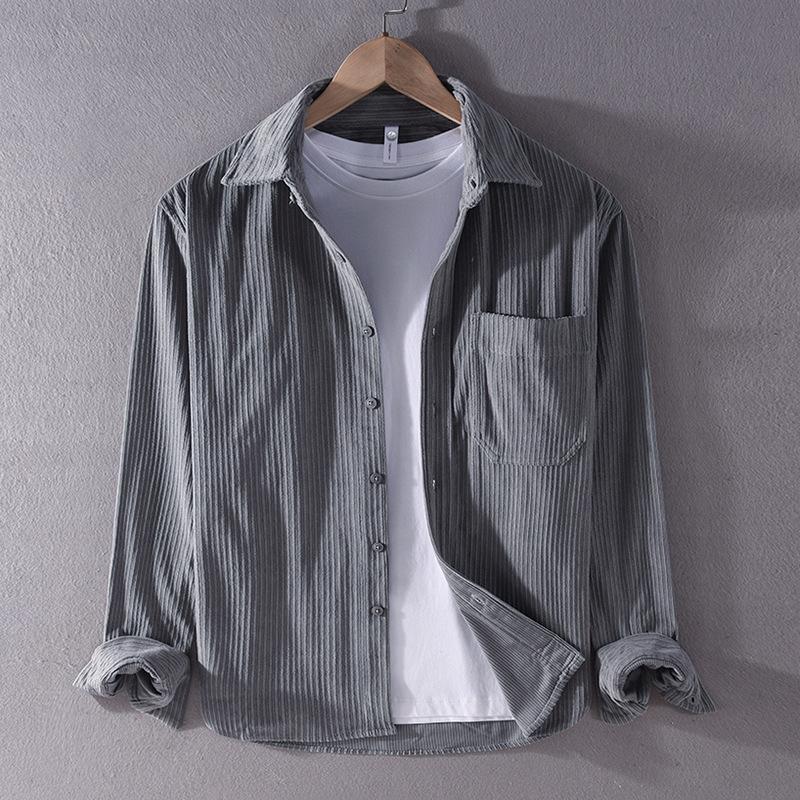 Autumn and Winter Shirts for Men Japanese Style Men Clothing Solid Color Long Sleeve Corduroy Shirt Daily Casual Top Simple