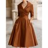 Women Elegant Formal Midi Dress, Lapel Collar 3/4 Sleeve Wrap V‑Neck Dress, High Waist Pleated A‑Line Swing Dress With Pockets For Wedding Guest Party