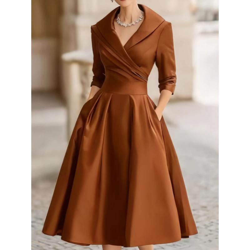 Women Elegant Formal Midi Dress, Lapel Collar 3/4 Sleeve Wrap V‑Neck Dress, High Waist Pleated A‑Line Swing Dress With Pockets For Wedding Guest Party