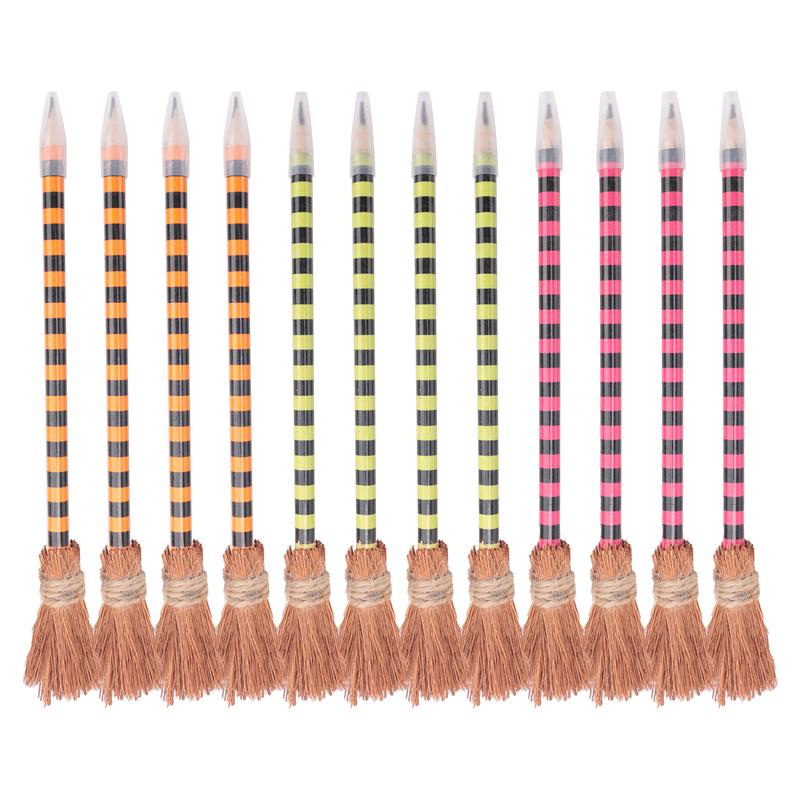 ABWR-12 Piece Halloween Witch Broom Pencil Colorful Witch Broom Pens Wood Witch Broom Pencil