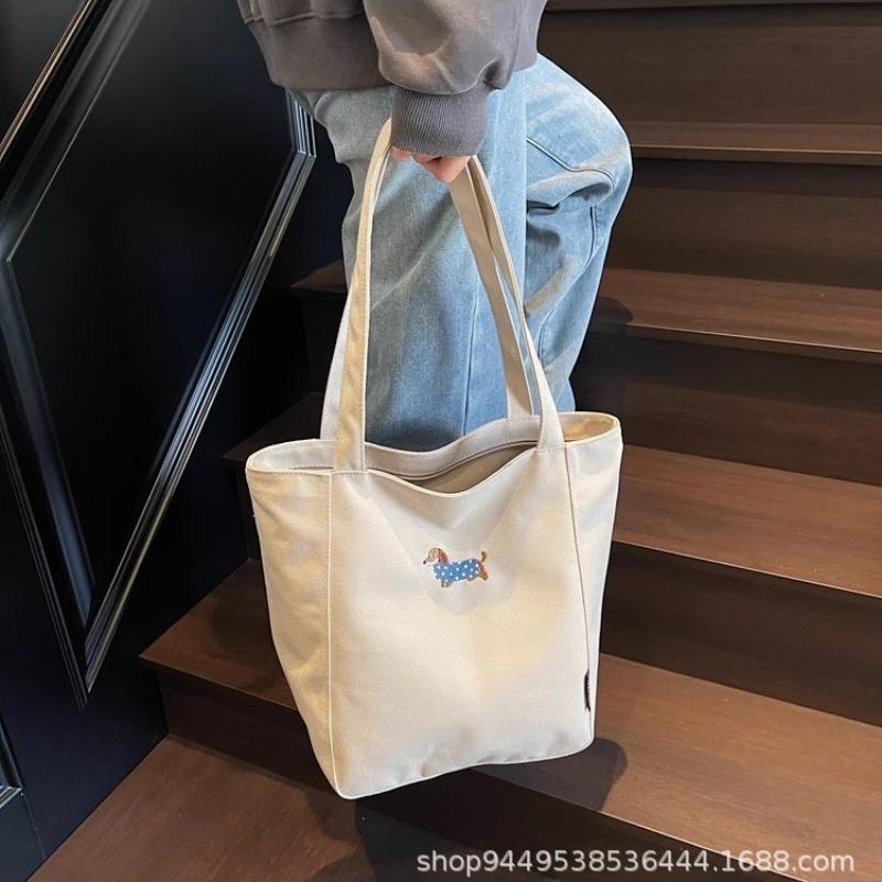 Embroidered Dachshund Canvas Bag Female Large Capacity Student Class Tote Bag Casual Versatile Shoulder Commuter Tote Bag