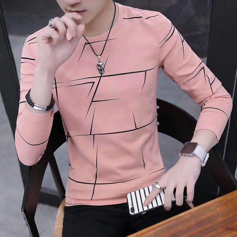 Men's Korean Slim Fit Striped Long-Sleeve Round Neck T-Shirt for Autumn