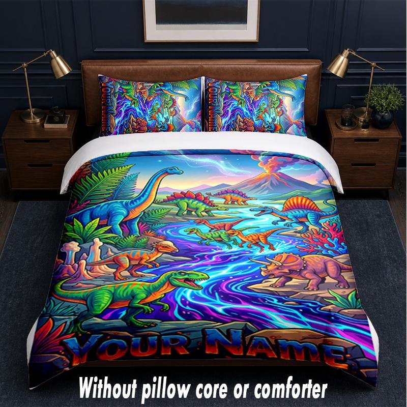 Dinosaur Theme Custom Text Or Name 3Pcs Bedding Set,1 Flat Sheet & 2 Pillowcases Personalized Home Bedding