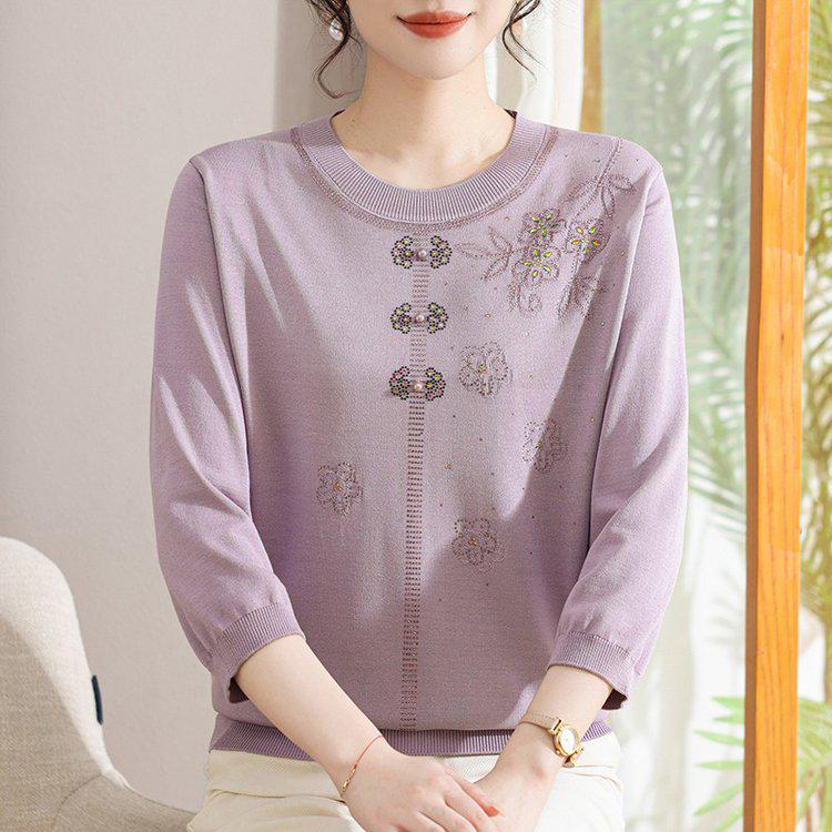 Chic Plus Size Round Neck Sweater for Middle-Aged Women - Comfortable 3/4 Sleeve Knitwear
