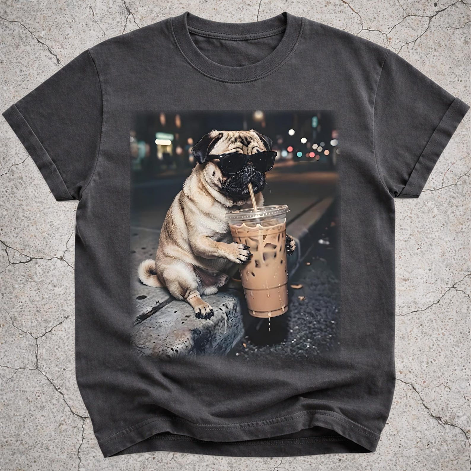 Funny Pug Drinking Iced Coffee Shirt, Pug Mom Gift, Animal Meme Tee 3XL