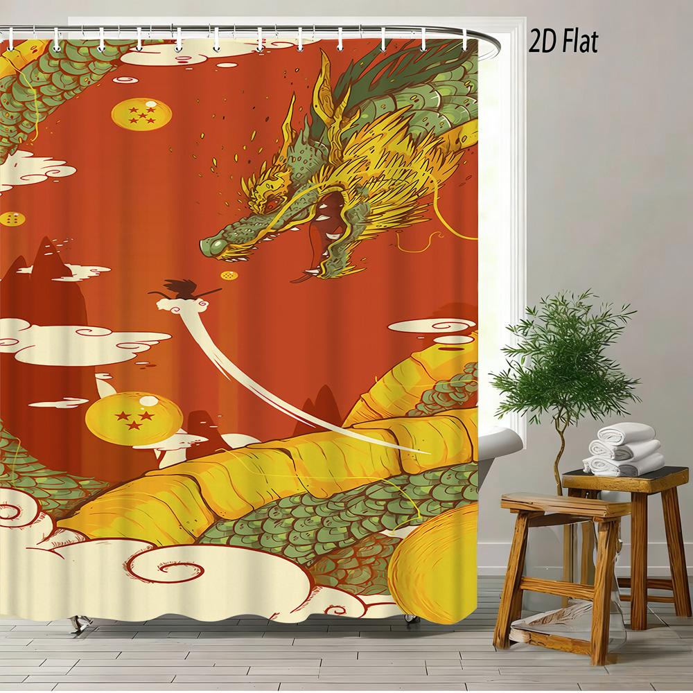 Dragon Ball Z Majin Buu (Fat Buu) Cheerful Pose Scene 2D Print Waterproof Shower Curtain, Vibrant Solid Purple Background With P