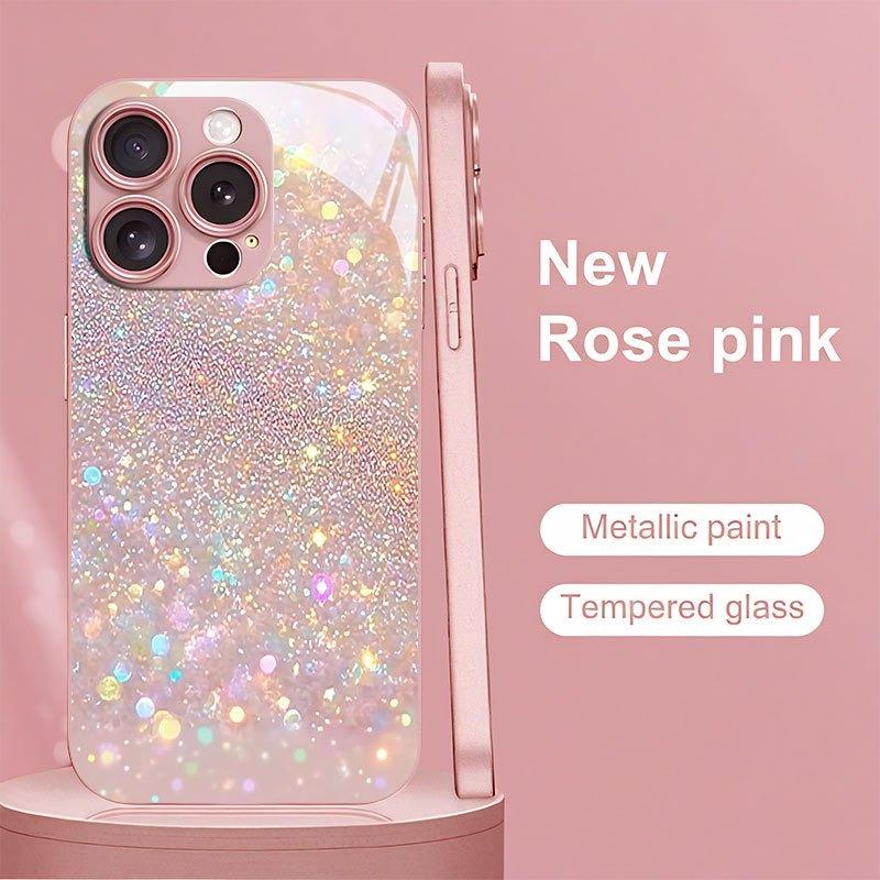 

Dreamy Glitter Pattern Pink Metallic Tempered Glass Phone Case For iPhone 11 12 13 14 15 16 17 Pro Max 15 Plus 17 Air 16E Cover iPhone17 Pro Max