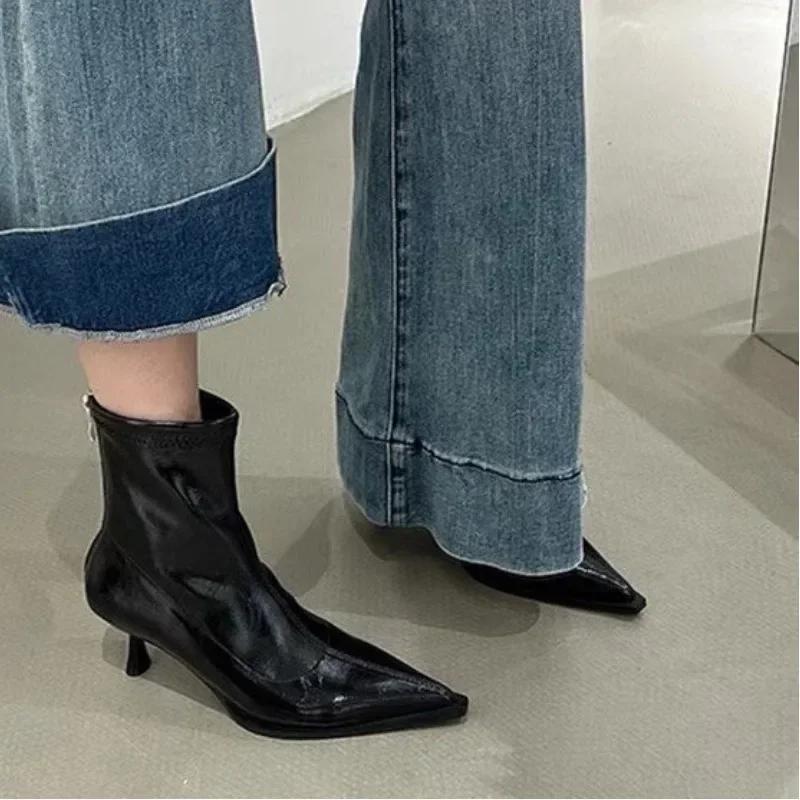 Moda 2024 Venta Caliente Zapatos Mujer Cremallera Trasera Botas de Mujer Moda Sólido Oficina y Carrera Sexy Punta Puntiaguda Botines Zapatos Mujer