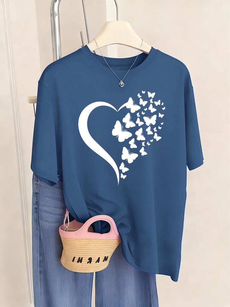 Butterfly Heart Printed T-Shirts Womens Casual Loose T Shirts O-Neck Soft Short Sleeve Tops Summer Comfortable Woman Clothes