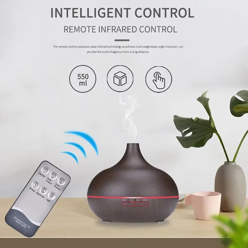 Air Humidifier Aromatherapy Essential Oil Diffuser Wood Grain 500ml Ultrasonic Remote Control 7 Color Lights For Home Bedroom