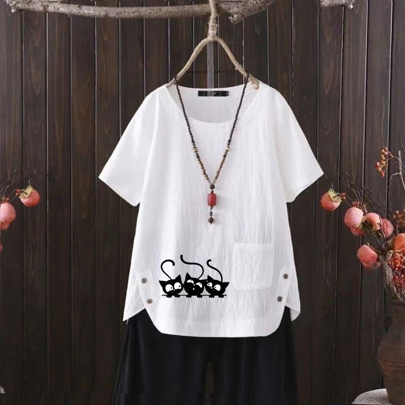 Women's Fashion Black Cat Prined Summer Casual Loose Short Sleeve T-shirt Summer Blouse Tops