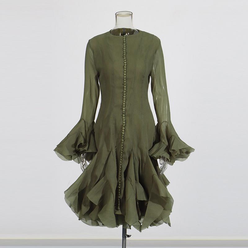 Solid Spliced Button Slimming Dresses for Women O Neck Long Sleeve High Waist Patchwork Ruffles Female Fashion New