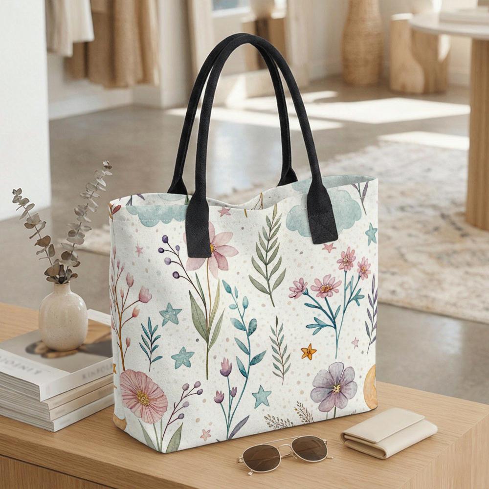  Floral Print Tote Bag Casual Stylish Large Capacity Daily Shopping Portable Handbag for Women