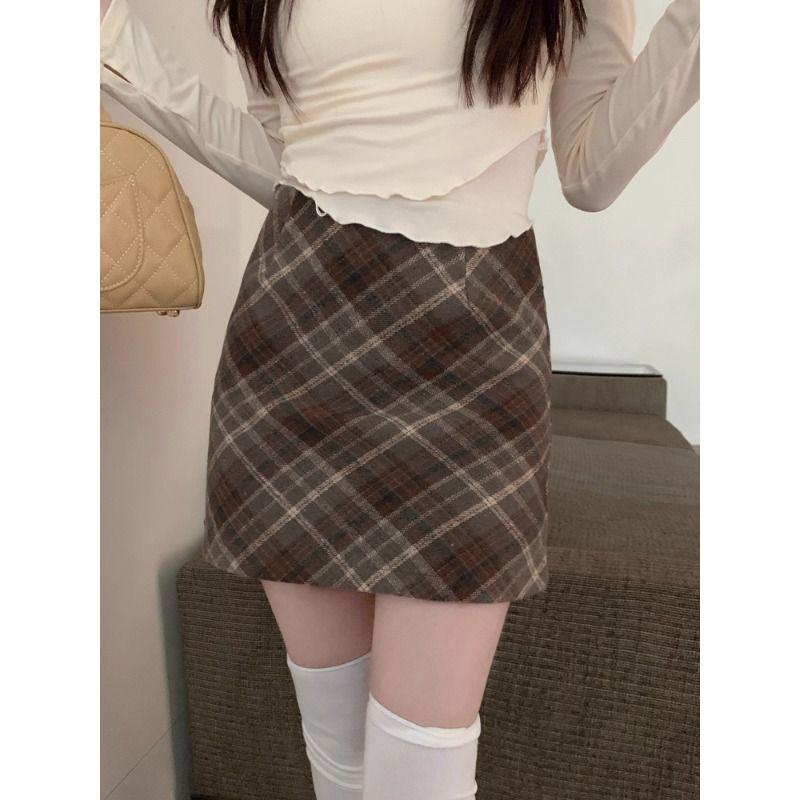 Damen Hochtaillierter Karierter Woll-Minirock - Retro A-Linie Wickelrock, Herbst/Winter Kollektion