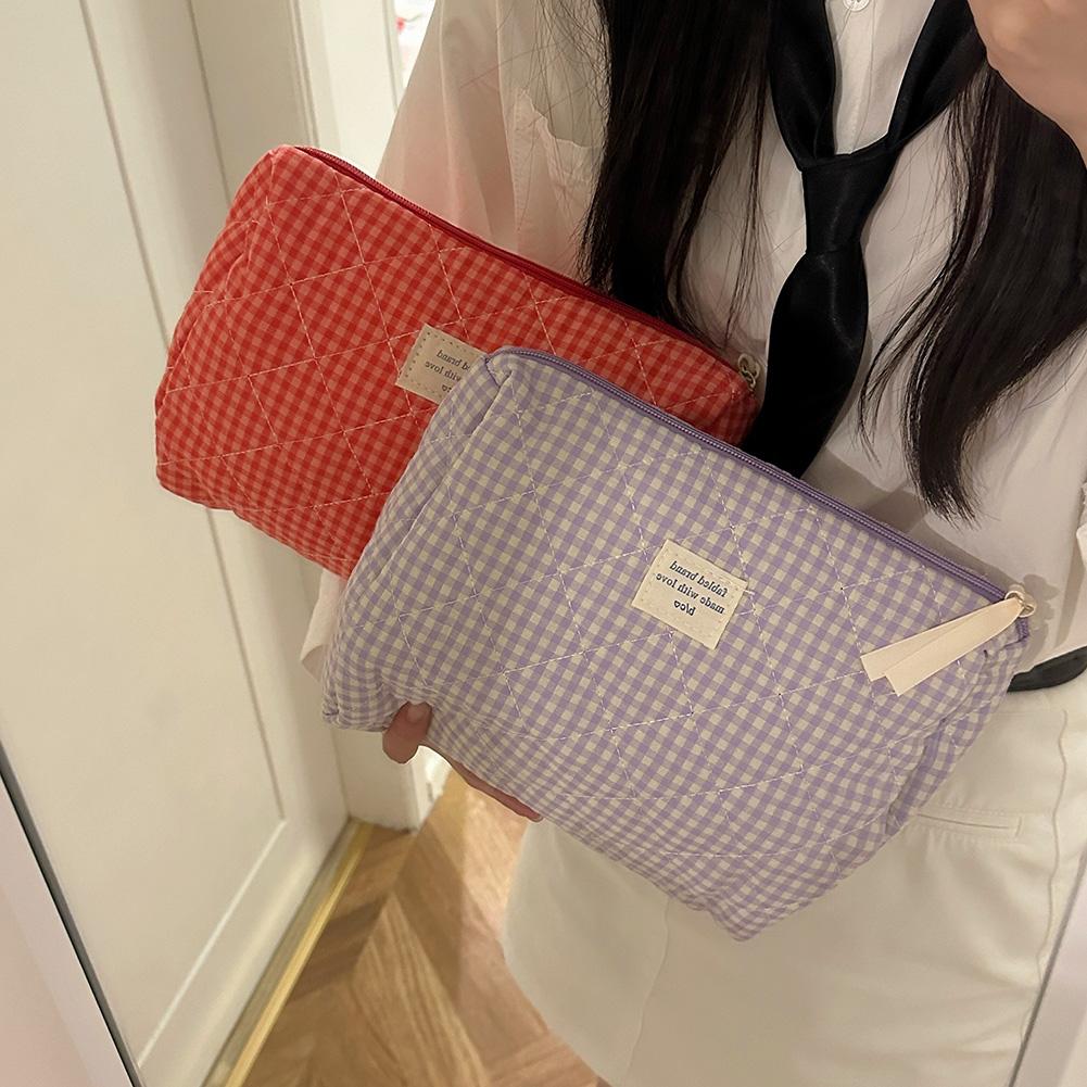 Women Checkered Makeup Bag Fashion Sweet Cotton Makeup Brushes Storage Bag Soft Fabric Organizer Pouch Cute Travel Toiletry Bag