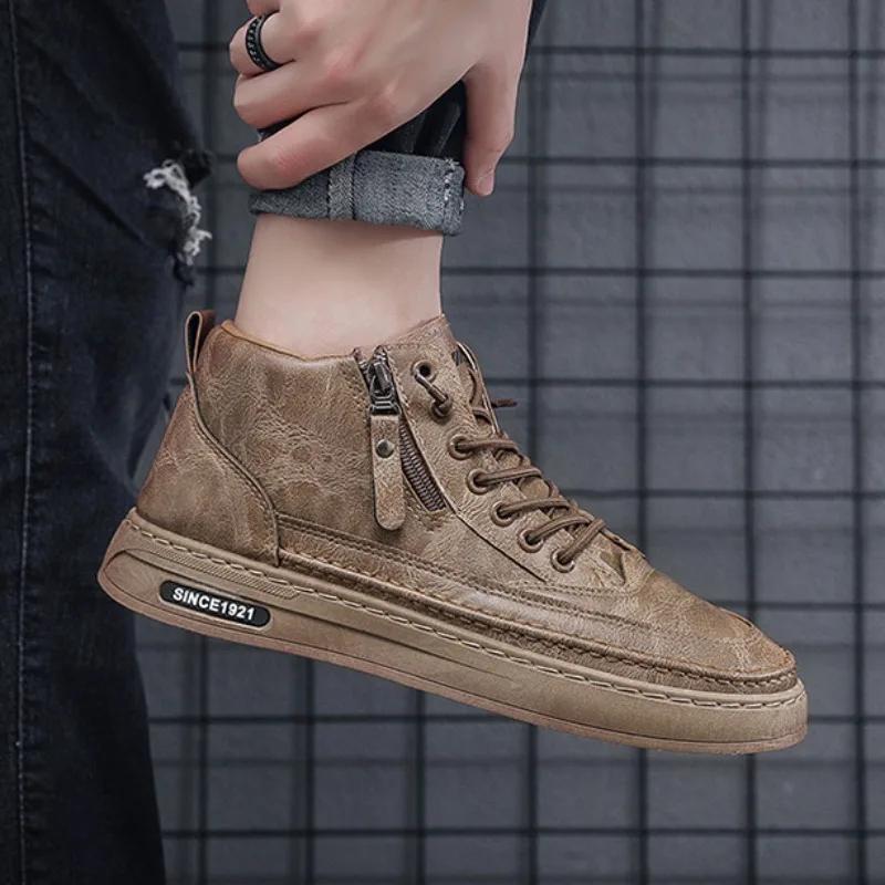 Fashion Men Leather Casual Shoes 2024 Spring High Top Platform Leather Boots Short Lace Up Fur Warm Ankle Boots Men Tooling Shoes Botas
