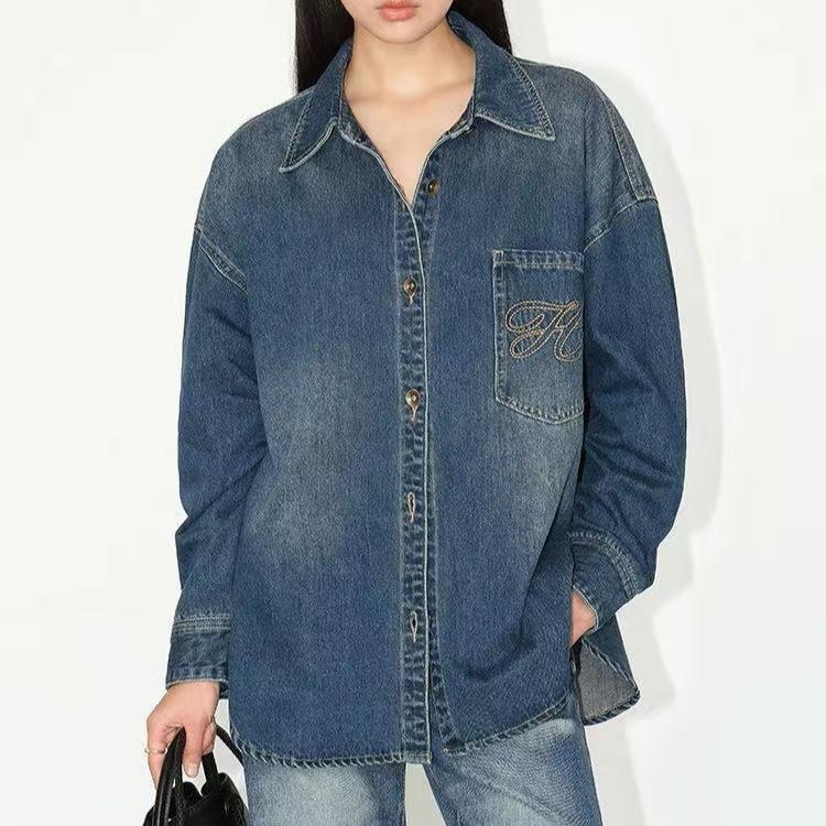 Retro denim shirt women's loose long-sleeved shirt jacket embroidered design sense niche casual top