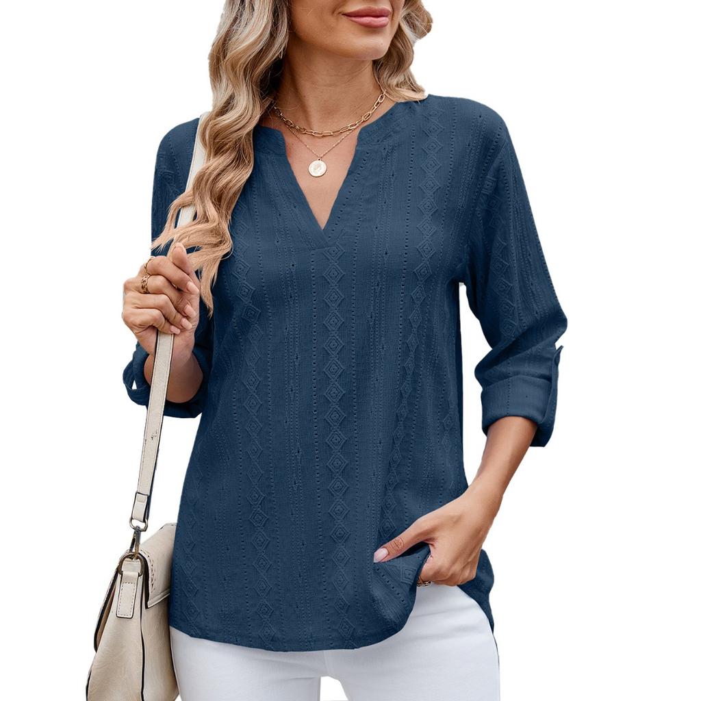 Camisetas para Mujer - Primavera Verano Camiseta Casual para Mujer Color Sólido Cuello en V Detalle de Botones Mangas Tres Cuartos Top para Mujer para Uso Diario
