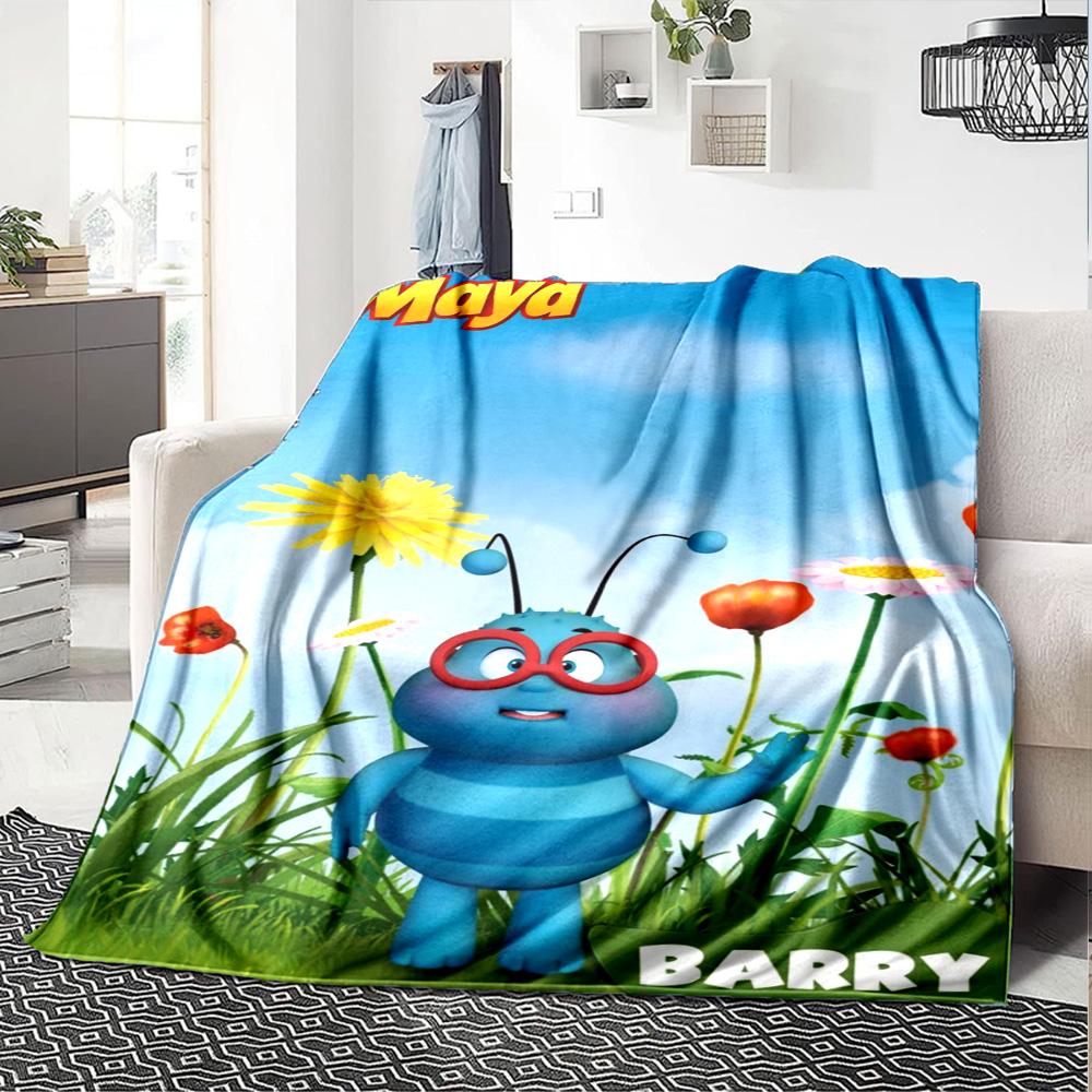 Barry Blue Bee Maya The Bee Cartoon Character Print Flannel Blanket Soft Warm Throw Blanket for Sofa Bed Living Room