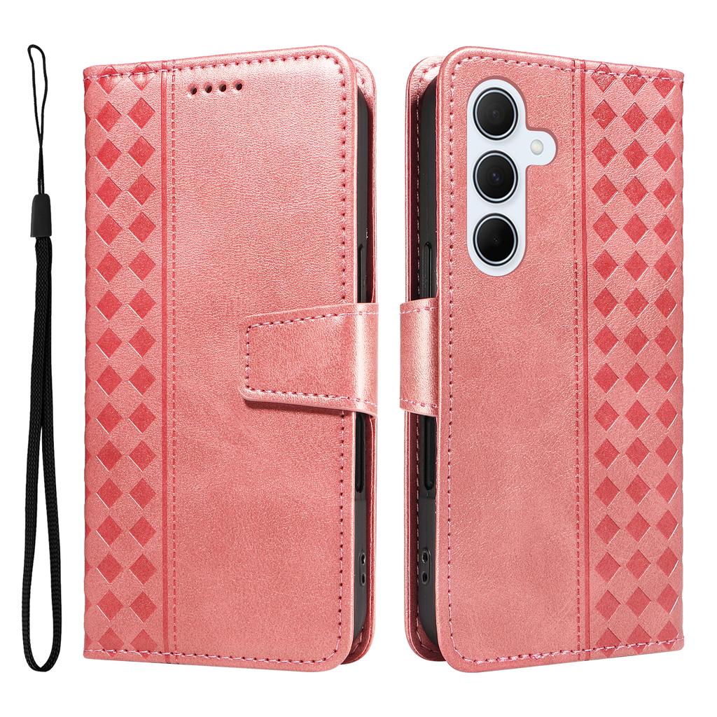 For Samsung Galaxy A35 5G Leather Case Wallet Stand Grids Imprinted Phone Cover with Strap