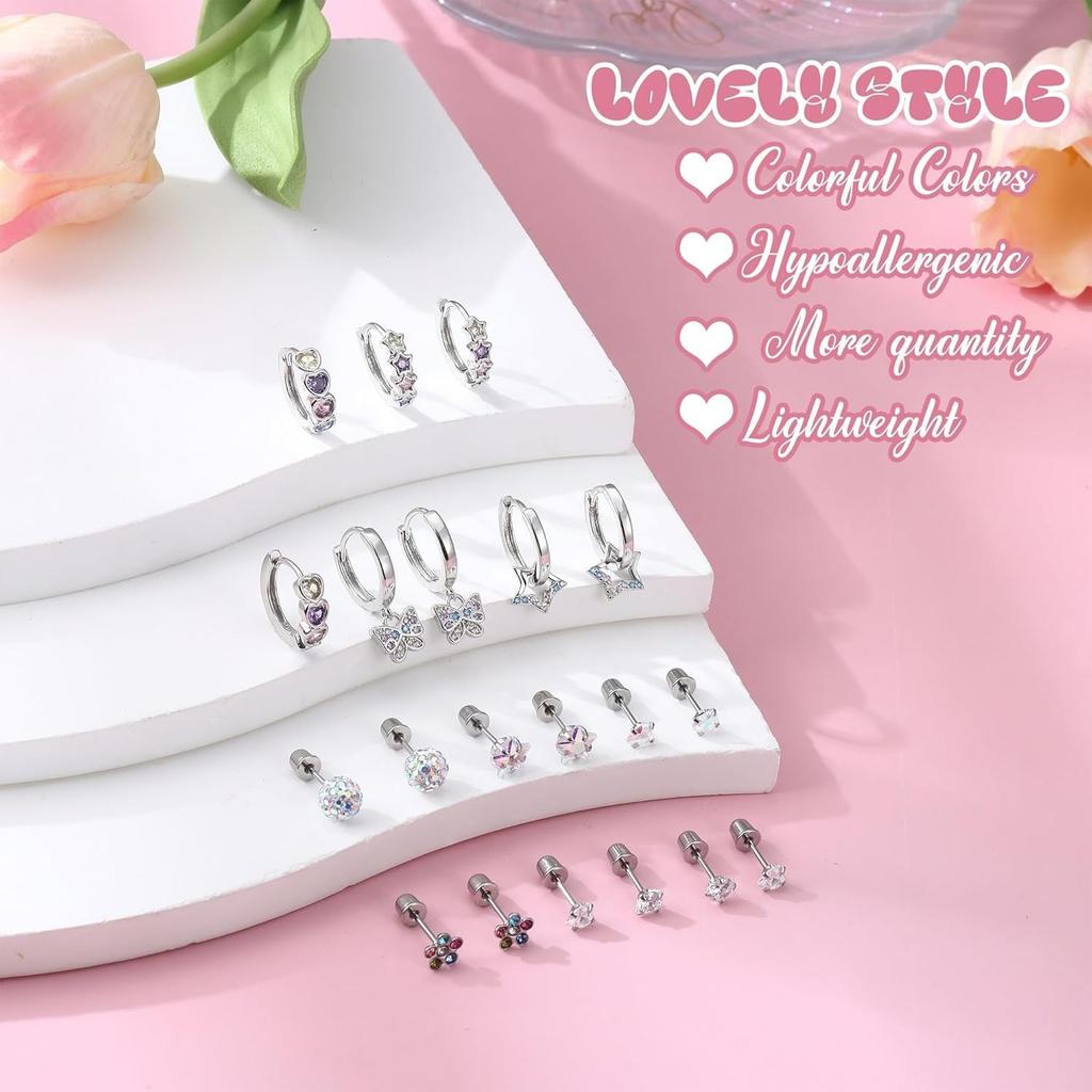 Bobisty 10Pairs Hypoallergenic Earrings Sets for Women Surgical Steel Screw Back Stud Small Hoops Earrings Cute Earrings Jewel