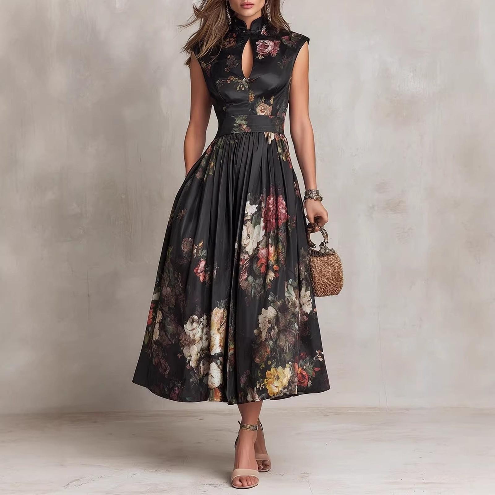Ärmelloses Damen-Midikleid mit Blumenprint, tailliert, ausgestelltem Rock und Schlüssellochausschnitt, elegantes Design L schwarz