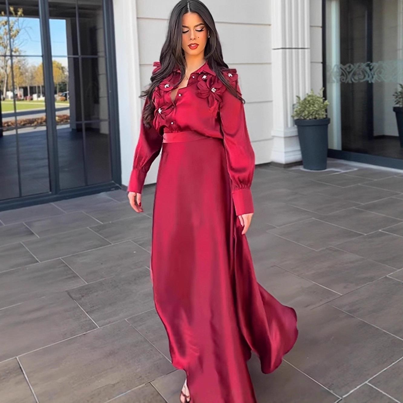 European Cross-Border Autumn 2025 Printed Long-Sleeve Polo Collar Women s Dress M