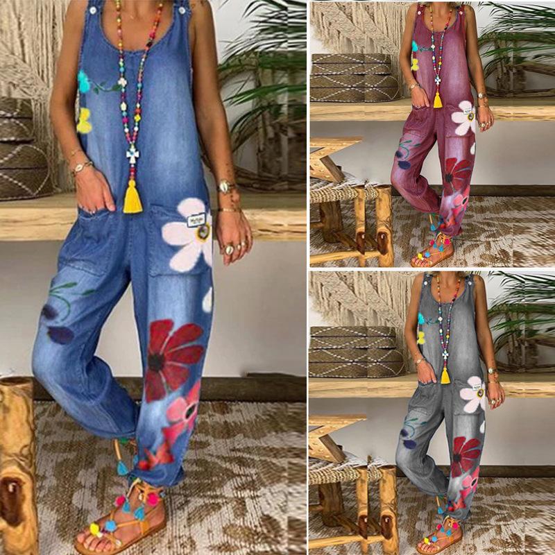 Mono rasgado con bordado Floral para mujer, peto vaquero sin mangas a la moda de verano para mujer