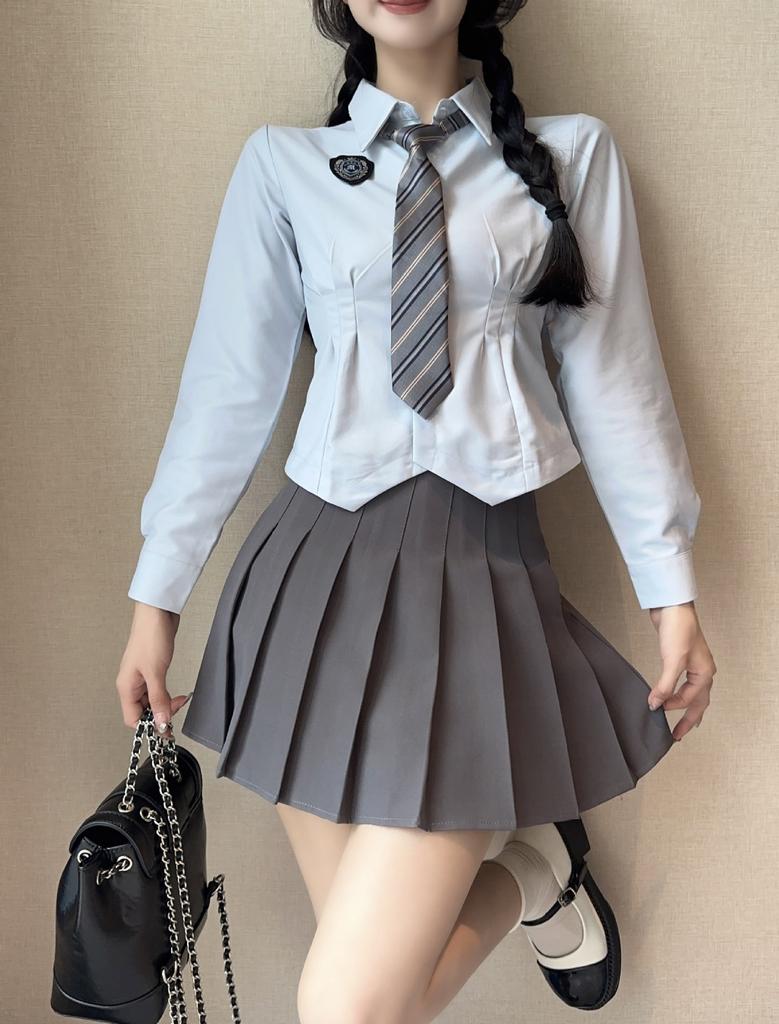 Women's Two-piece Matching Set Long Sleeve Shirt High Waist Pleated Skirt Japanese College Style Outfit