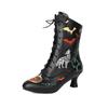 Fashion 2025 New Trend Bat Embroidered Boots Women Vintage Kitten Heels Halloween Cosplay Boots Mid-calf Lace-up Party Shoes 46
