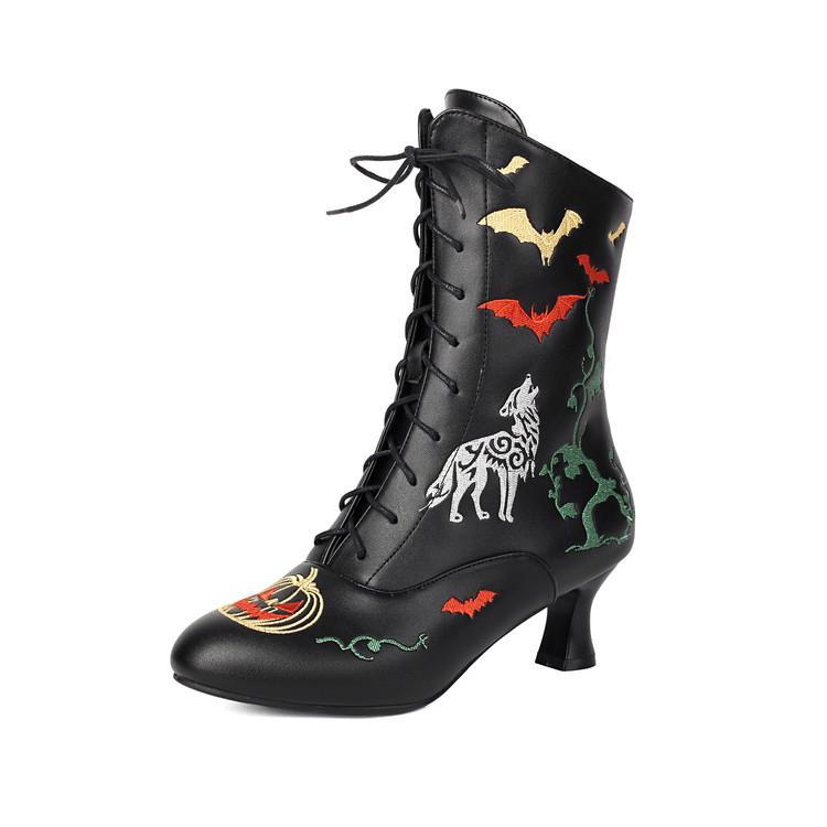 Fashion 2025 New Trend Bat Embroidered Boots Women Vintage Kitten Heels Halloween Cosplay Boots Mid-calf Lace-up Party Shoes 46
