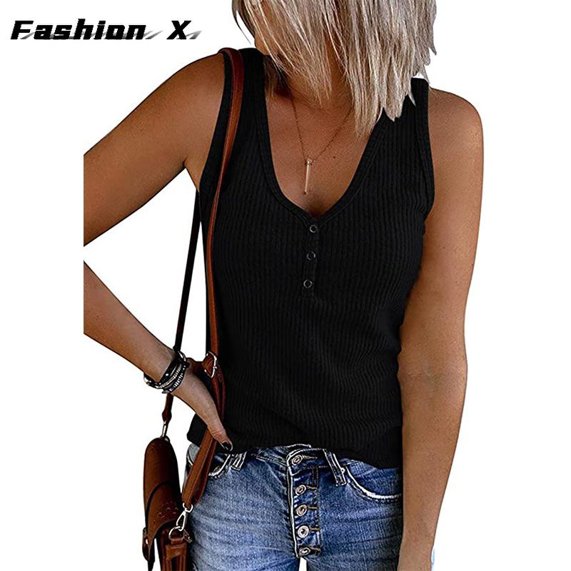 Summer New Europe and The United States Women's Buckle Knitted Undershirt Solid Color V-neck Sleeveless Blouse Female