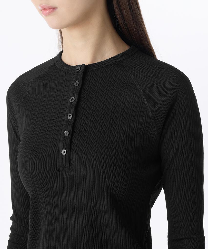 MUSINSA STANDARD WOMAN Women'S Vertical Texture Henley Neck Long Sleeve T-Shirt [Black]