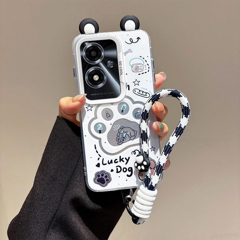 KEYSION Cute Ear Cartoon Case for OPPO A79 5G with Lanyard Soft Silicone+PC Shockproof Phone Back Cover for OPPO A79 5G