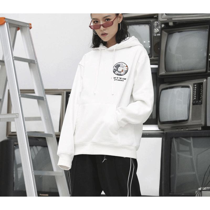 Scione Japonês Engraçado Gato Onda Impresso Fleece Hoodies Japão Estilo Hip Hop Casual Moletons Streetwear