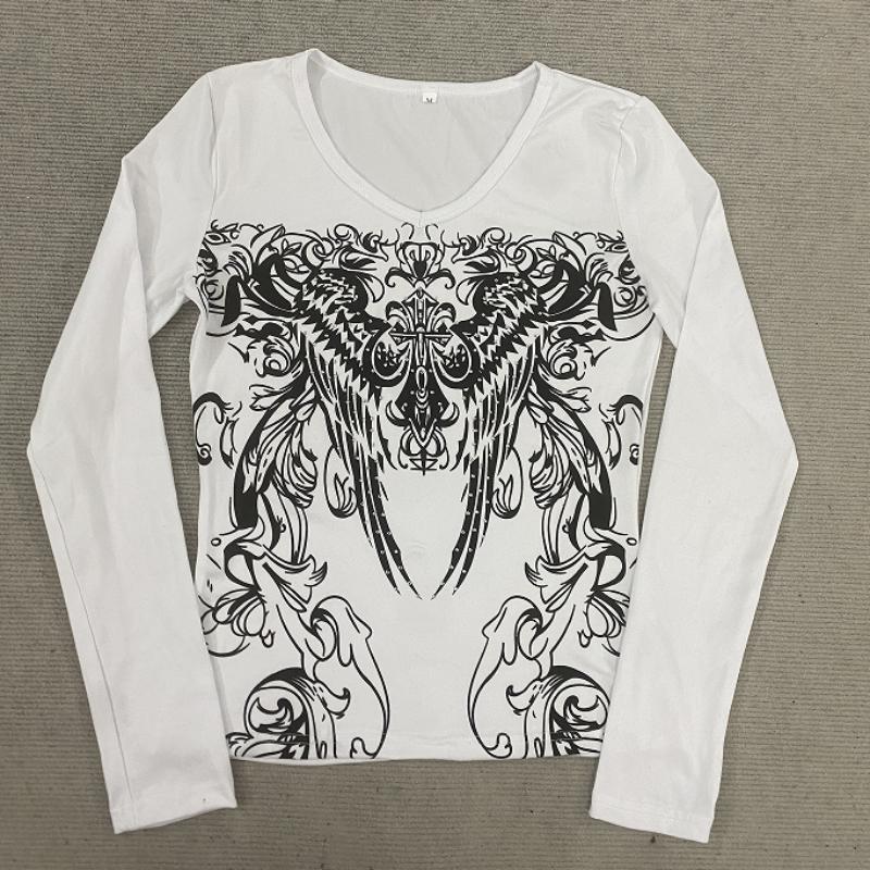 Y2K Spring and Autumn Printed Tight Fit Fit Top Round Neck Women's Wear